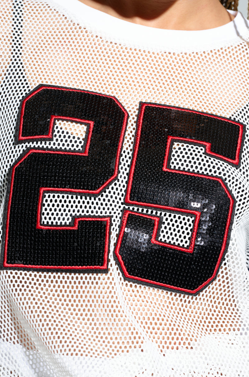 Close-up of the WINNERS EVERYWHERE TOP, an oversized fit white mesh sports jersey featuring the number 25 in large black font outlined in red on the chest area.