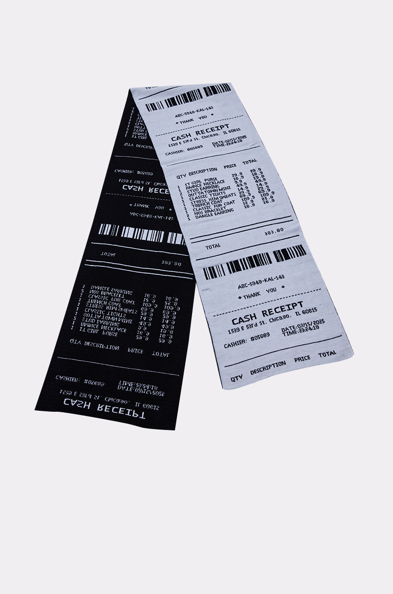 Two cash register receipts, one black with white text and one white with black text, are placed diagonally on a light gray background, echoing the design of the CHECK THE RECEIPT SCARF—a stylish wool-blend knit accessory for cold weather. 8