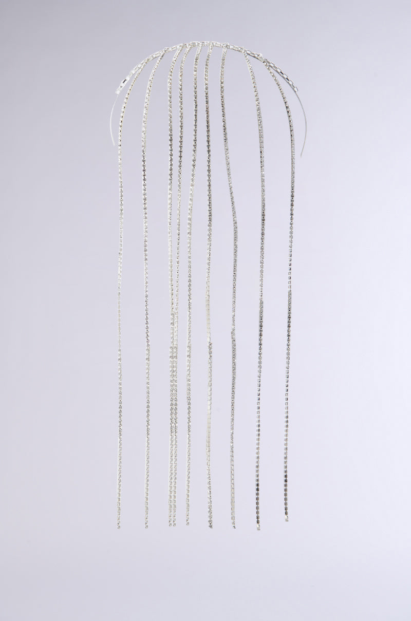 Introducing the ON MY MIND BLING HEADBAND: a minimalist silver headpiece adorned with rhinestone fringe cascading from a semi-circular base, featuring multiple thin, dangling chains set against a plain light gray background. 2