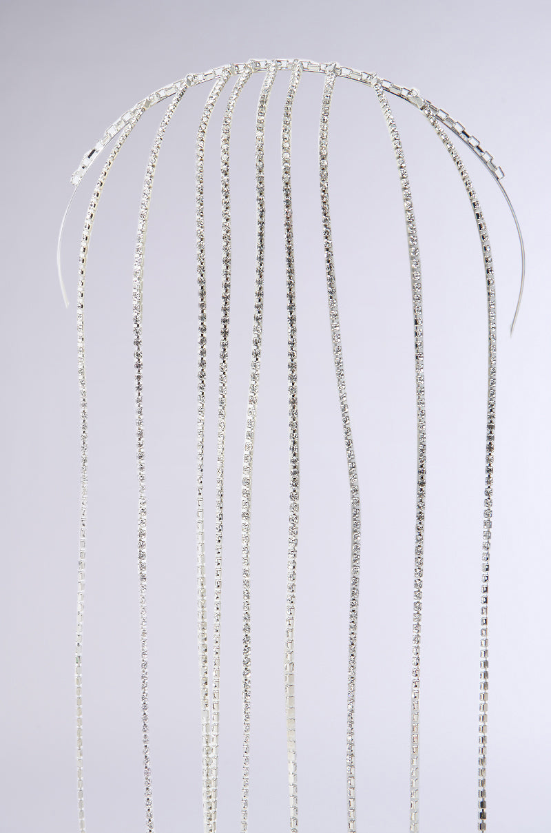 The ON MY MIND BLING HEADBAND is a silver accessory adorned with multiple long, sparkling crystal chains cascading downward. It features dazzling chain link detailing set against a plain gray background. 4