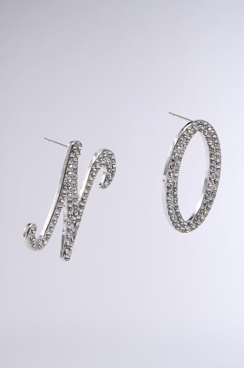 The NO THX EARRING features faux silver metallic earrings spelling "NO" with a script-style "N" and a round "O," both adorned with rhinestones against a plain background. 0
