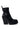 The AKI Black Stretch PU Chunky Bootie is a vegan leather ankle boot with a sleek, glossy finish, high block heel, platform sole for added height, and a convenient pull tab at the back.
