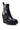 Introducing the AKI BLACK STRETCH PU CHUNKY BOOTIE, a vegan leather bootie with a thick high wedge platform sole, squared toe, visible stitching at the top, and a handy pull tab at the back, all set against a plain white background.