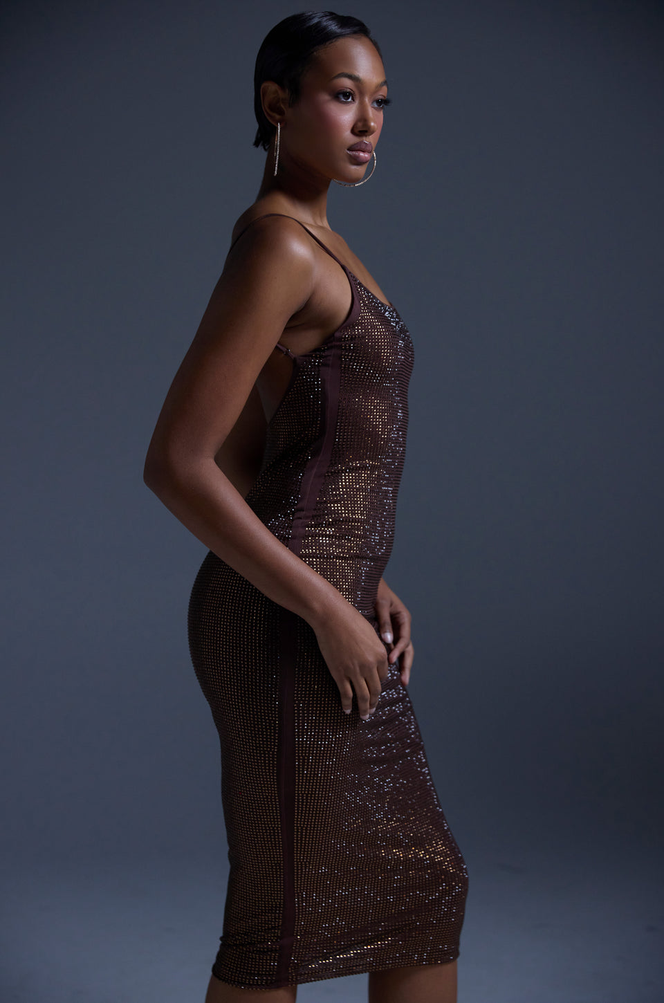brown square rhinestone mesh midi dress Self-portrait - Brown Rhinestone Mesh Maxi Dress