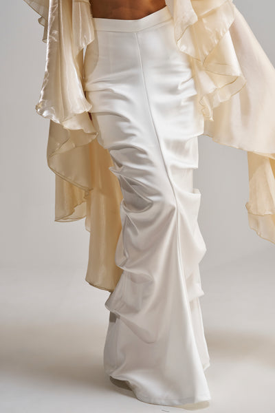 MAISON SPECIAL PipingTop/Skirt セットアップ White Satin Maxi Skirt, Ruched and Lined | AKIRA