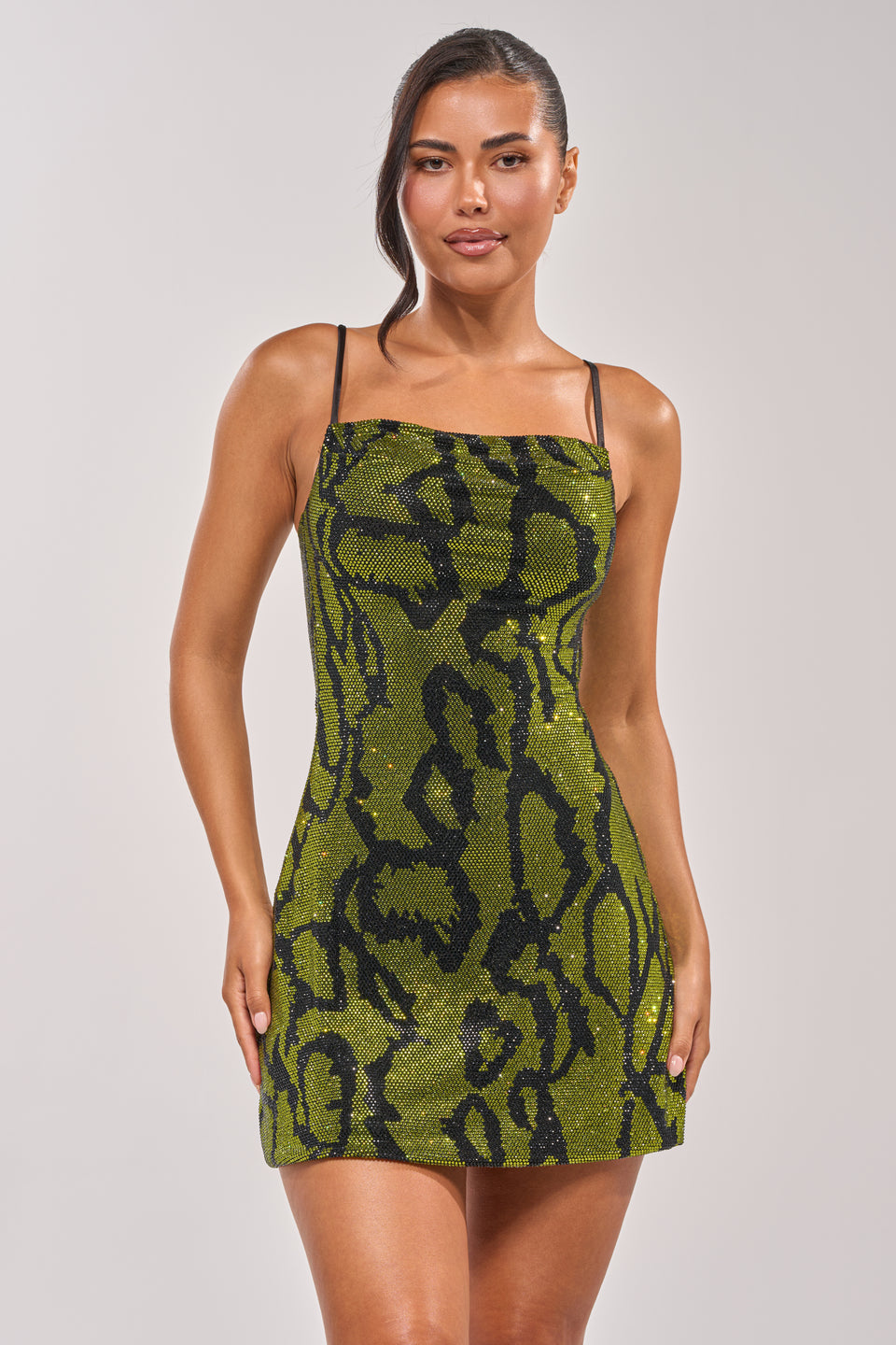 AKIRA Gabbi Sequin Print Mini Dress In Green | Black