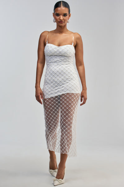 ワンピース mistreass Pearl Strap Sheer Plaid Dress Pearl Beaded Mesh Mini Dress in White | AKIRA