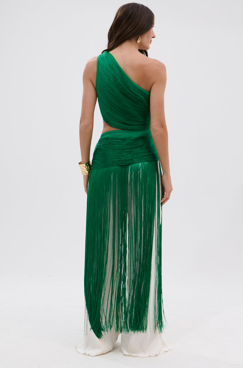 GINA SINGLE SHOULDER FRINGE TOP IN KELLY GREEN AKIRA GINA SINGLE SHOULDER FRINGE TOP IN KELLY GREEN AKIRA