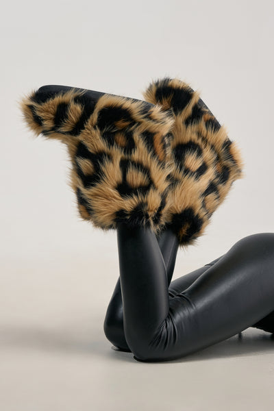 Brown Leopard Flat Fur Booties, Pull-On | AKIRA