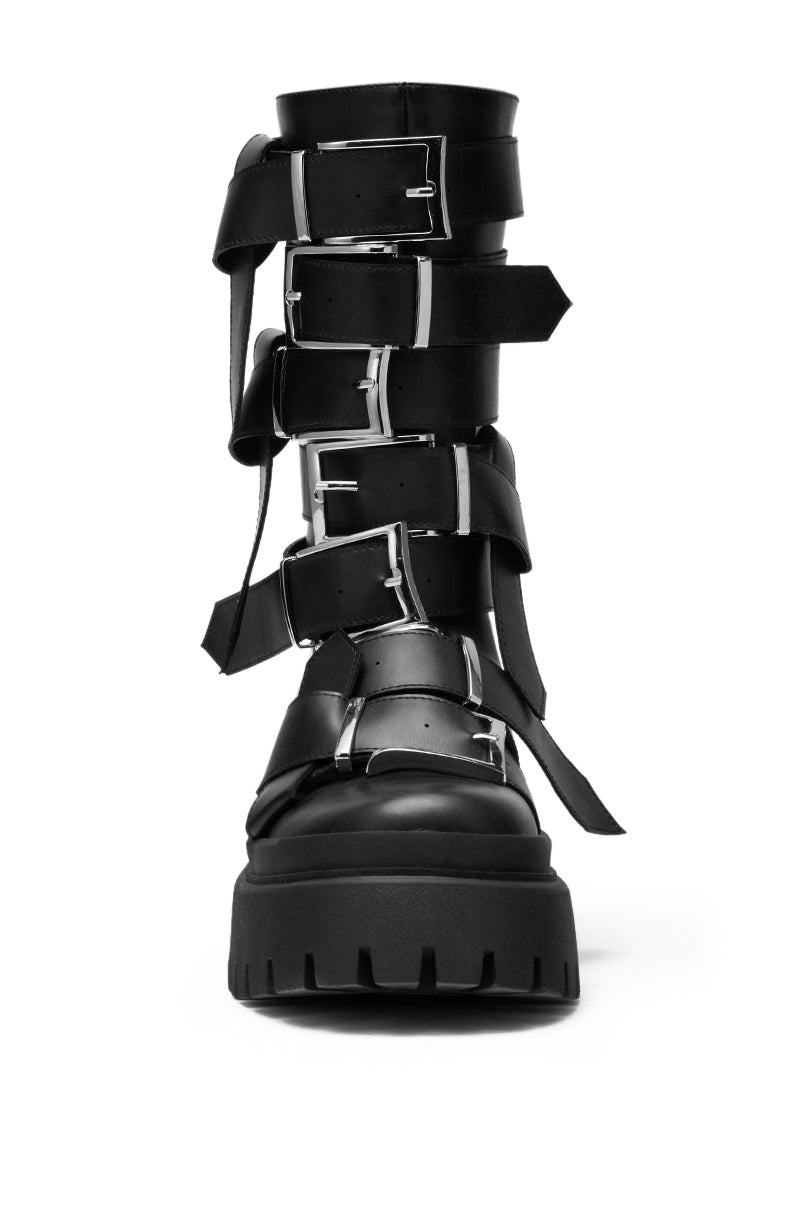 The AZALEA WANG ALCETASA Black Combat Bootie features faux leather, a thick chunky sole, and multiple wide front straps with bold buckle details.