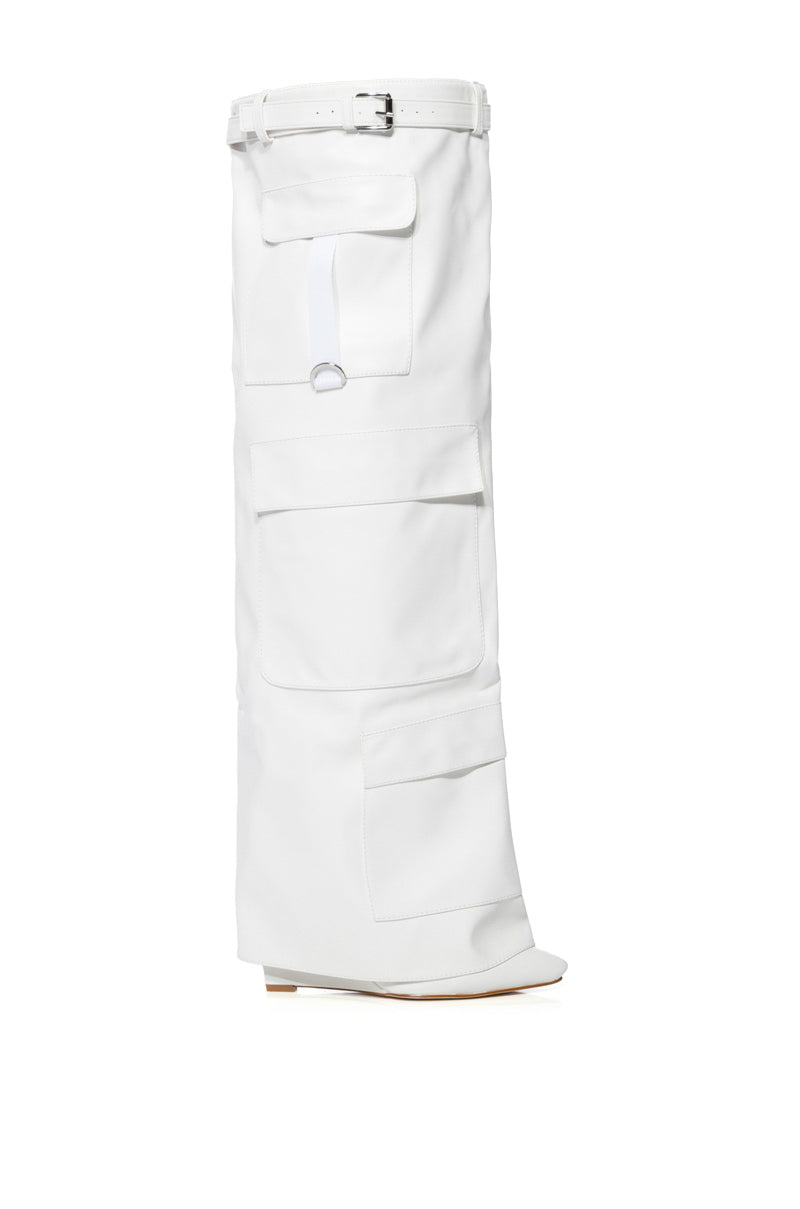 The AZLAEA WANG ALEXIA WHITE WEDGE BOOT is a tall faux leather boot in white, featuring multiple pockets and a top buckle strap. This sleek, thigh-high design sports a flat sole that embraces a modern utilitarian aesthetic. 3