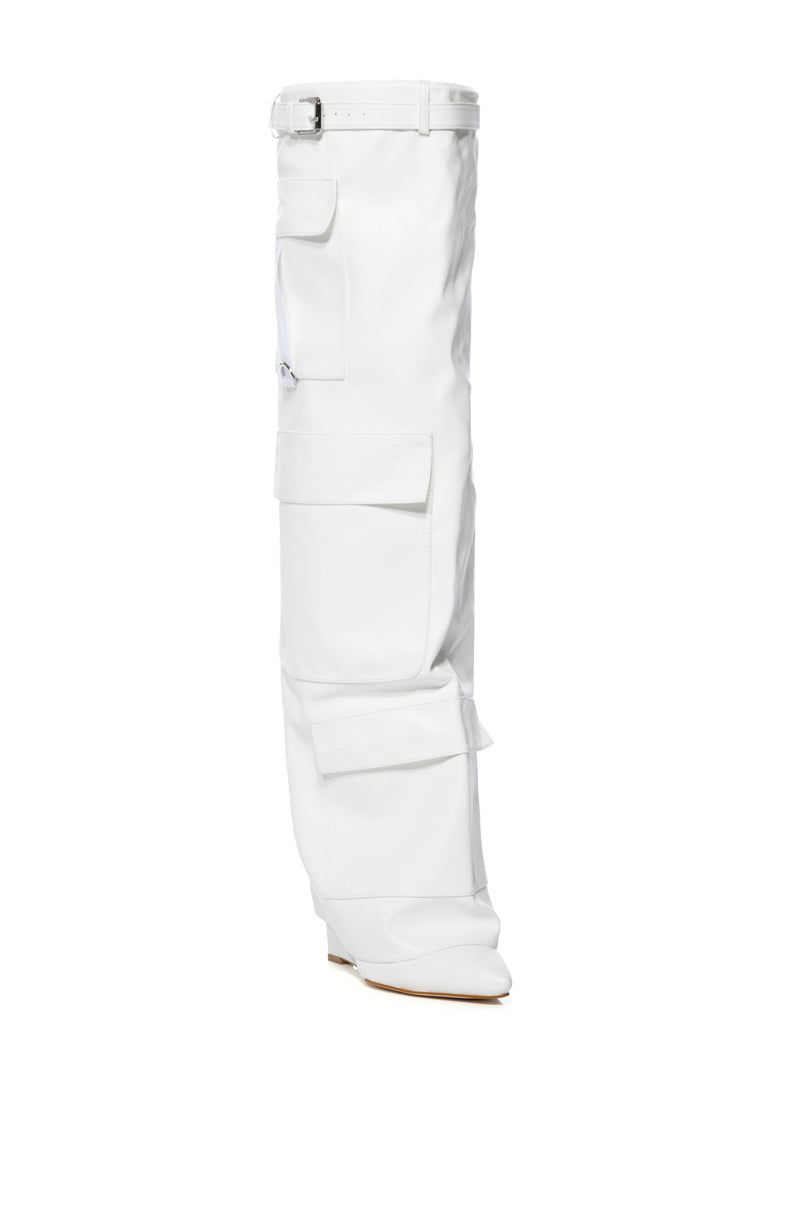 The AZLAEA WANG ALEXIA WHITE WEDGE BOOT, a single thigh-high faux leather boot in white with multiple pockets and a buckle strap near the top, is set against a plain white background. 4