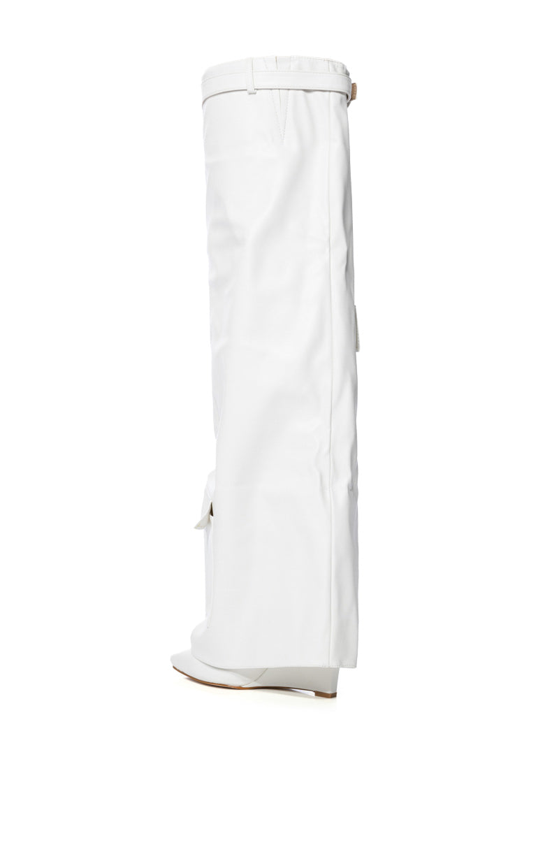 A side view of the AZALEA WANG ALEXIA WHITE WEDGE BOOT, a tall, white faux leather boot with a minimalist design. This thigh-high boot features a flat, pointed toe and sleek appearance without visible laces or embellishments against a plain white background. 5
