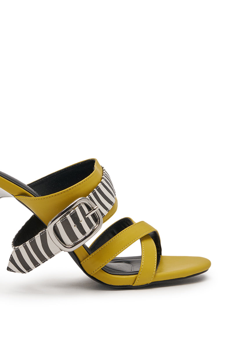 The AZALEA WANG ALIRA Mustard and Zebra Gladiator Stiletto Sandal features three straps, including a wide zebra-print strap with a bold buckle, plus an open toe and modern faux leather design for a standout look. 6