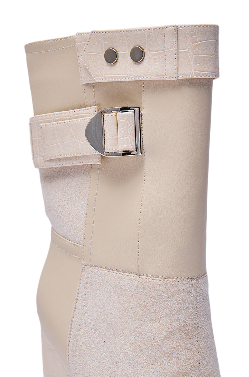 Close-up of the AZALEA WANG ALLONA BONE CHUNKY SQUARE TOE BOOT in beige faux suede, featuring a chunky square toe, silver buckle strap with two metallic rivets, and a subtly textured pattern on the strap and upper.