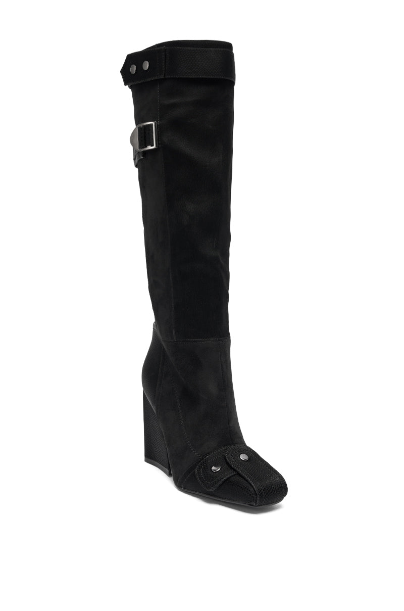The AZALEA WANG ALLONAS Black Knee High Chunky Boot features black suede, a buckle strap near the top, snap buttons at the toe and ankle, textured finish, and a stylish chunky heel.