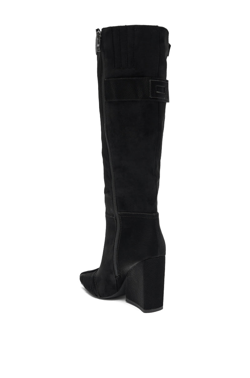 The AZALEA WANG ALLONAS Black Knee High Chunky Boot features a high heel, side zipper, square toe, and subtle strap detail at the top, displayed against a white background.