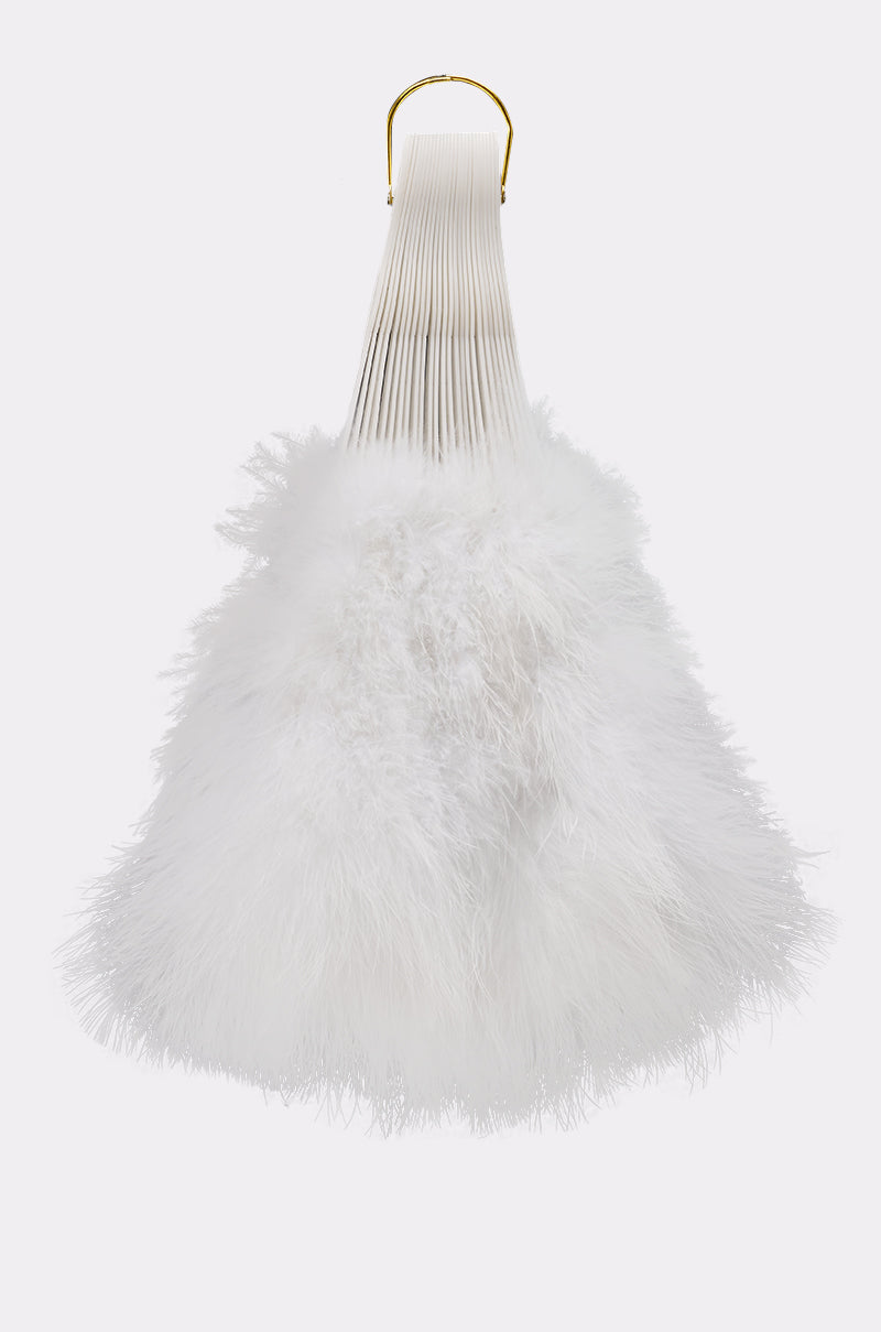 The ANGELIC WHITE FEATHER FAN features a fluffy, feather-like white texture and a gold handle, set against a plain light background—ideal as a stylish festival accessory or chic bridal fan alternative. 1