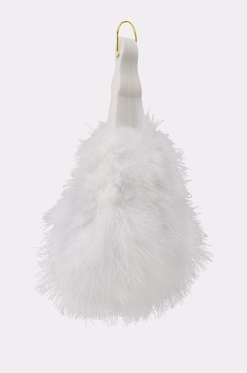 The ANGELIC WHITE FEATHER FAN features a fluffy, feathery white texture with a short ribbed handle and gold metal detail—ideal as a bridal accessory or an elegant accent for festivals. Inspired by classic white feathered fans. 2