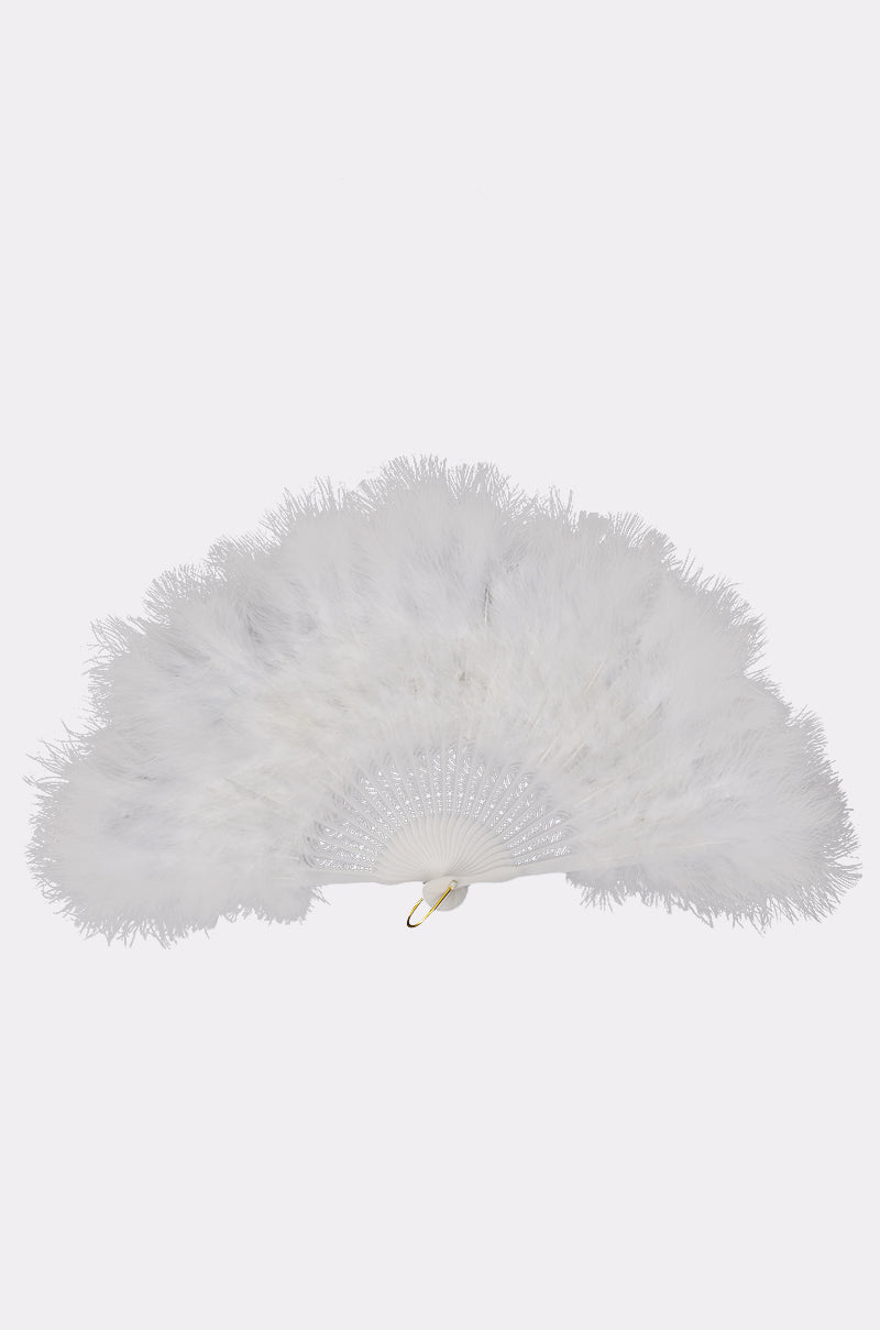 The ANGELIC WHITE FEATHER FAN features soft, fluffy white plumes and a decorative handle, perfect for bridal accessories or as a charming festival fan. Displayed against a plain white background. 3