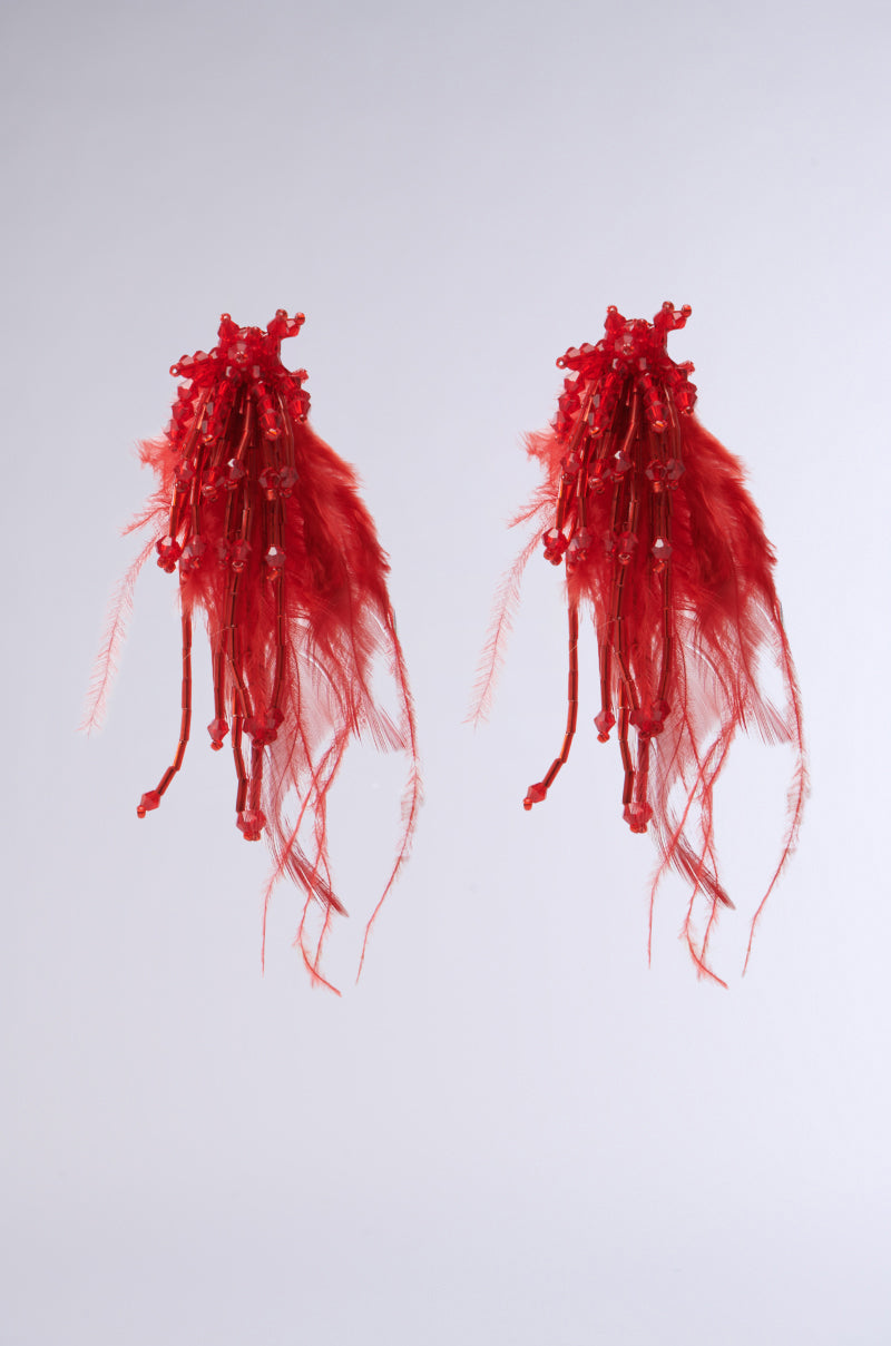 The "IN LOVE WITH ME EARRING" showcases feather attachments with ruby red beads and intricate detailing, set against a plain gray background.