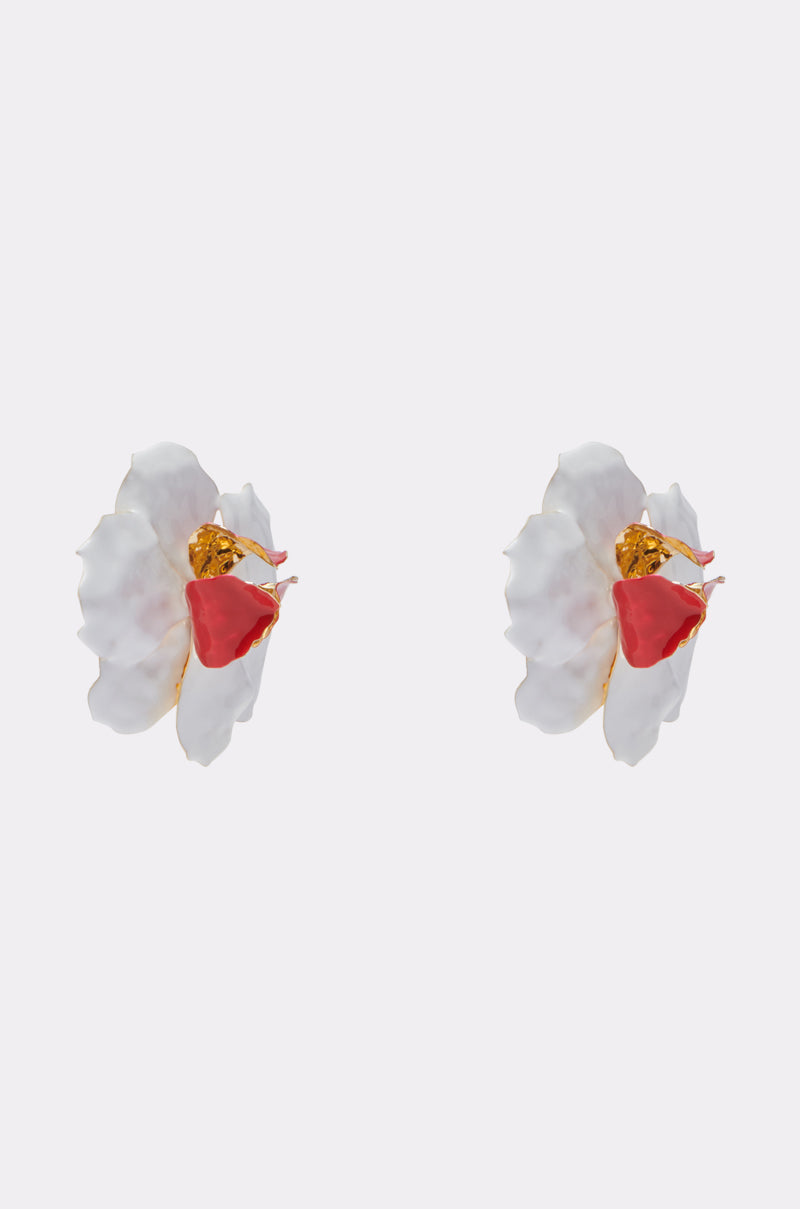 The FLORAL GARDEN EARRING features sculptural petals shaped like flowers, accented with white, gold, and red-pink centers, displayed on a plain light background. 3