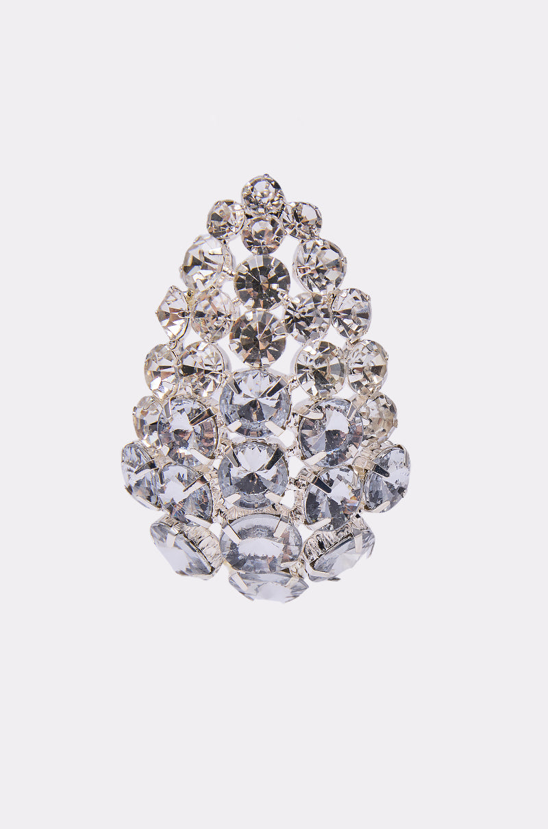 A glamorous evening accessory, the NIGHT IS YOUNG EARRING features multiple round, clear gemstones in a teardrop cluster on silver-tone metal, displayed against a plain white background.