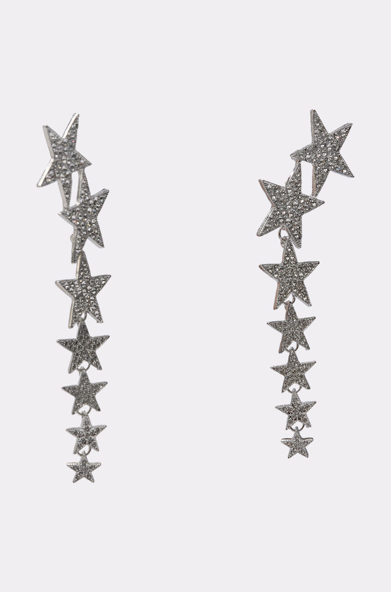 The STARGURL EARRING features silver-tone drop earrings with cascading, rhinestone-detailed star pendants that decrease in size from top to bottom for a sparkling, elegant look.