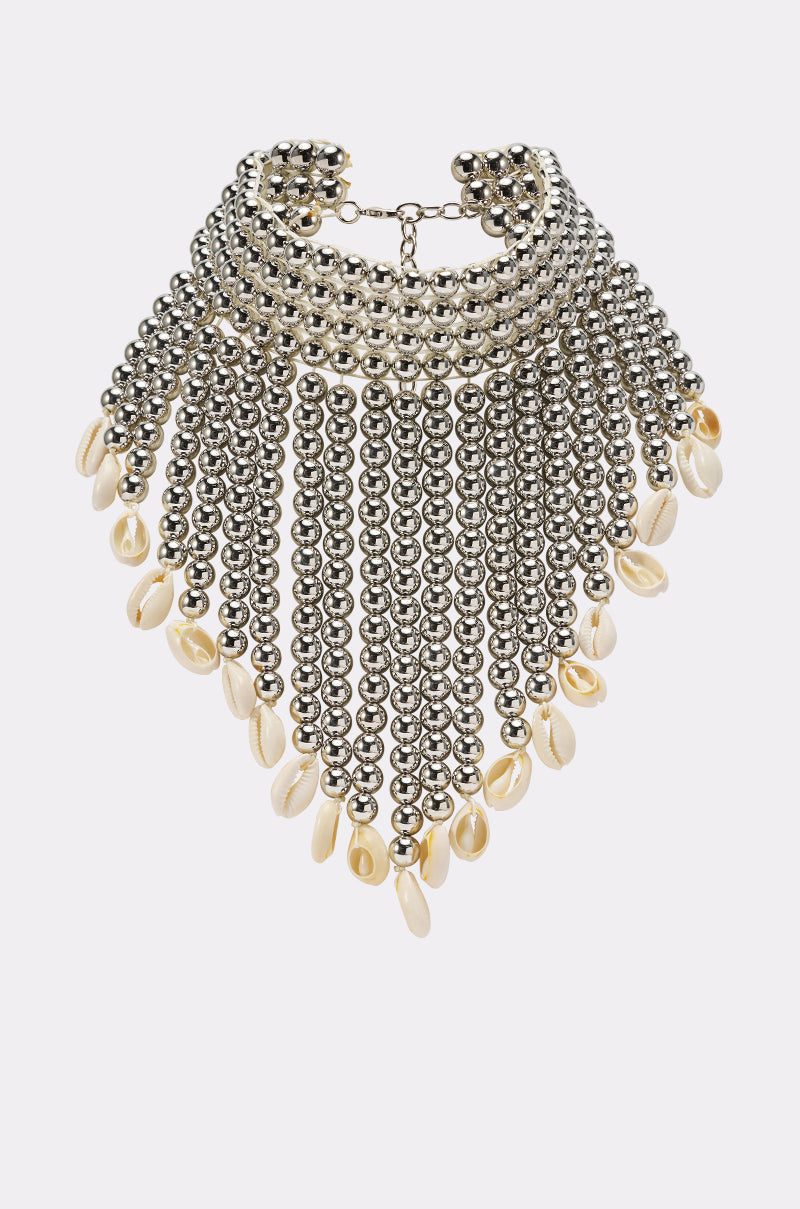 The TOO CHIC SEASHELL NECKLACE features cascading silver bead chains accented with dangling cream shell-like pendants. 2