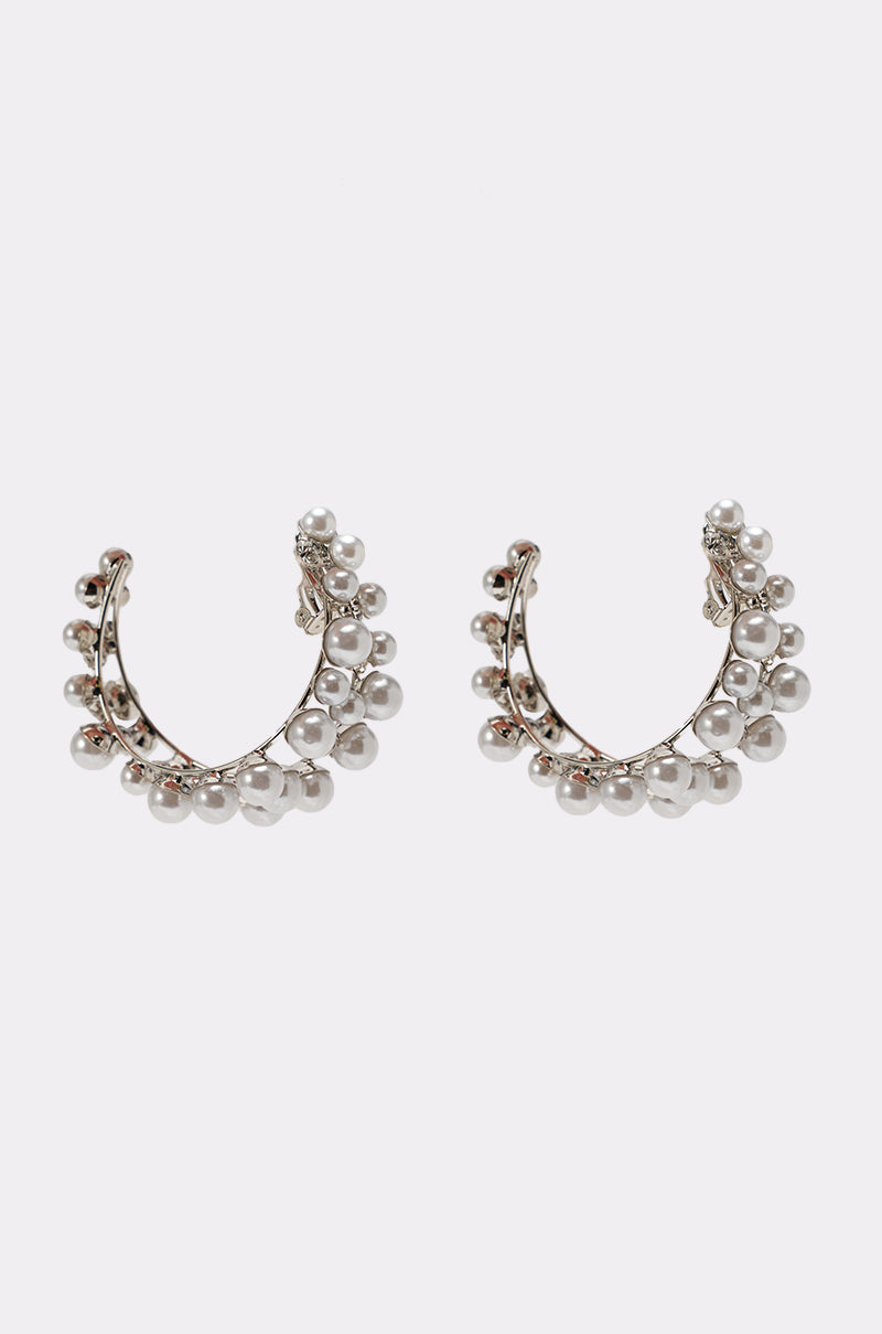 The PEARL PLZ EARRING showcases clusters of small and medium white pearls in an elegant silver bridal design, set against a simple white background. 3