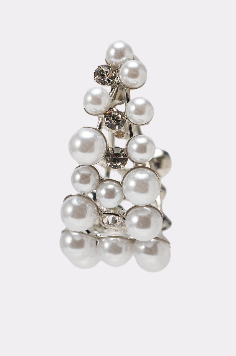 The PEARL PLZ EARRING features a triangular cluster design with white pearls and clear round gemstones, forming a stylized tree or geometric pattern, displayed against a plain white background. 4