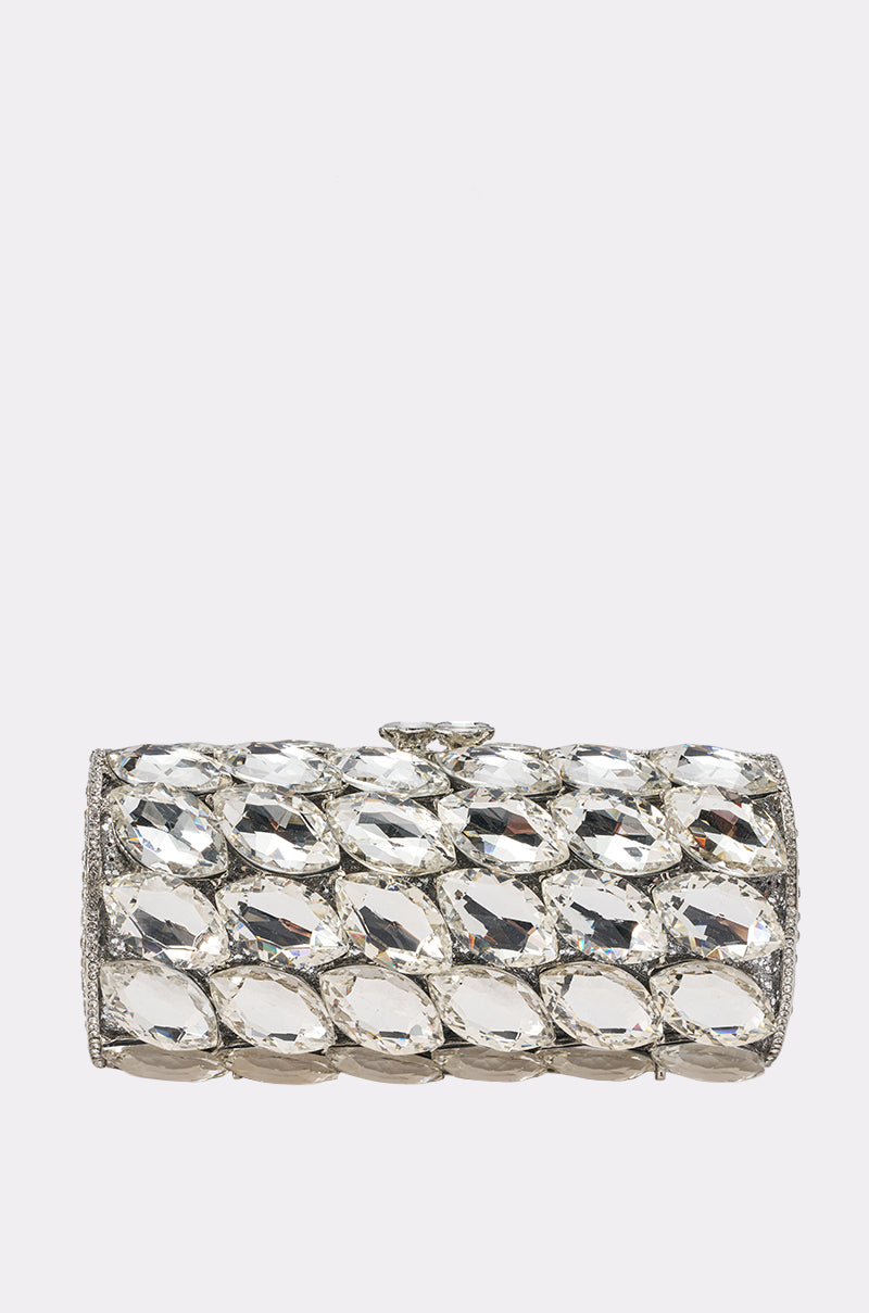 The RHINESTONE BLING BAG is a rectangular silver hardshell clutch featuring rows of large clear rhinestones, offering a sparkling, luxurious look—perfect for any formal occasion.
