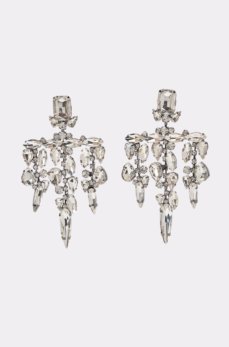 Introducing the GIRL PLEASE DIAMOND EARRING: an ornate pair of silver chandelier earrings adorned with multiple clear gemstones and crystal embellishments in various shapes, creating a sparkling and elegant design perfect for evening wear.