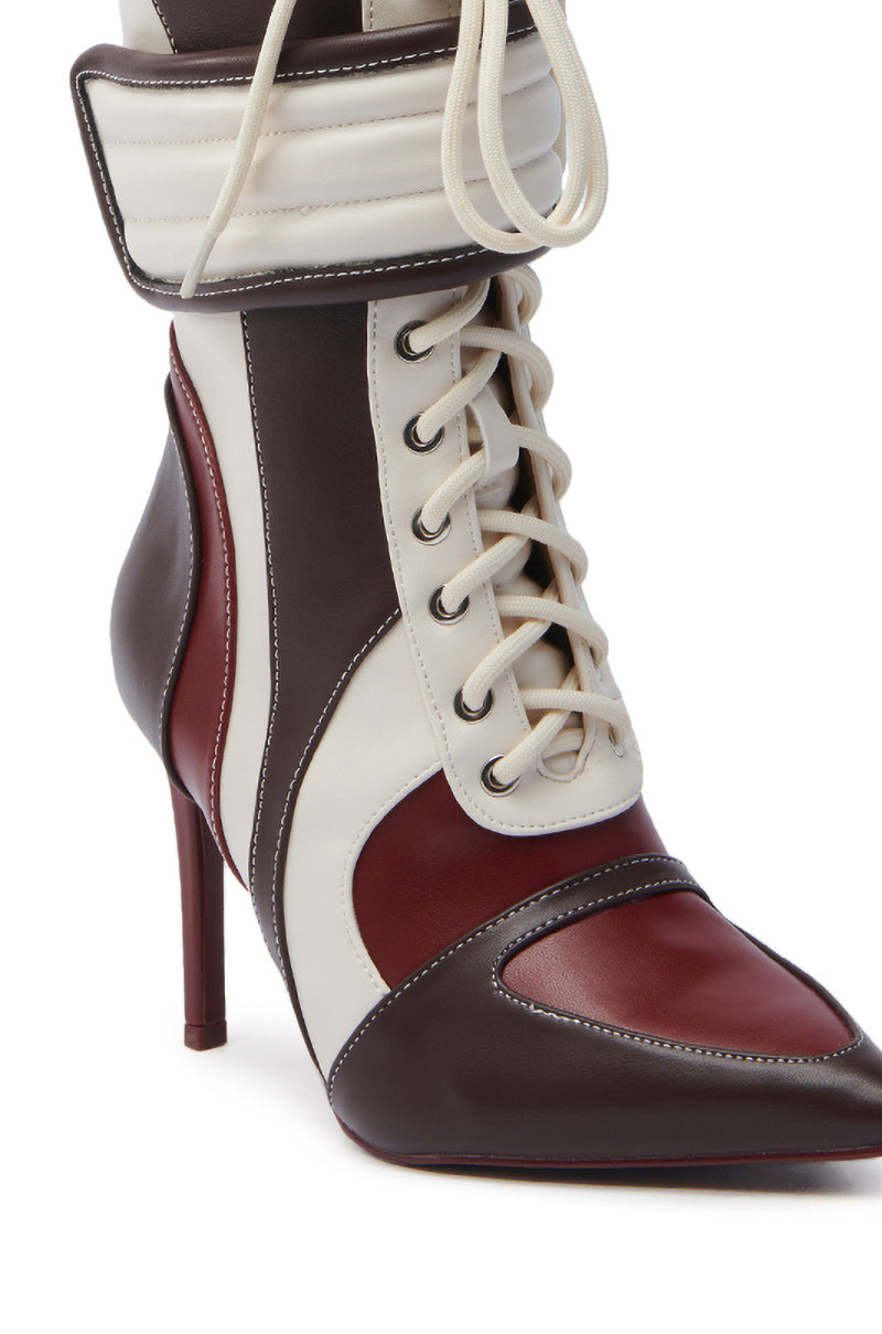 The AZALEA WANG AMADA Brown Sporty Stiletto Bootie features a lace-up front, color-blocked design in white, brown, and burgundy faux leather, with a pointed toe and quilted cuff.