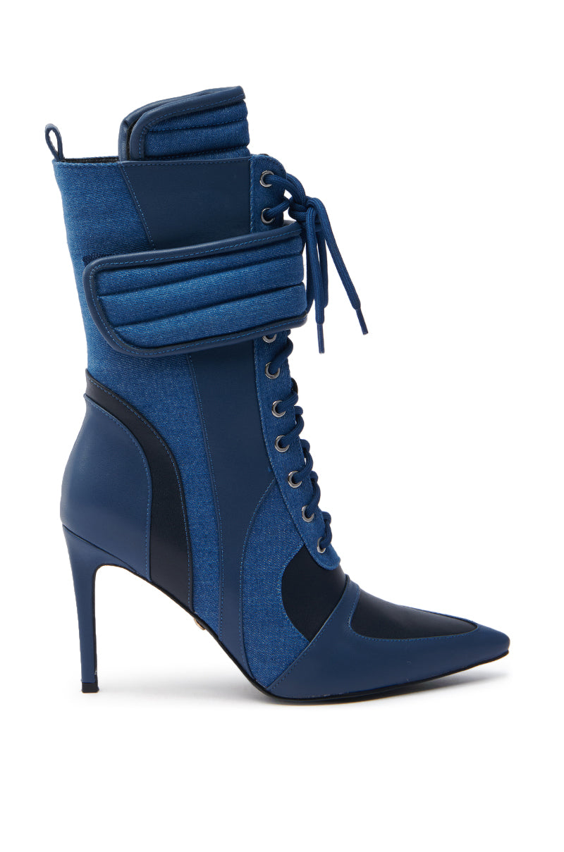 The AZALEA WANG AMADA DENIM SPORTY STILETTO BOOTIE is a chic design featuring a pointed toe, smooth leather accents, stiletto heel, lace-up front, and quilted ankle detail—perfect for any fashion-forward look. 4