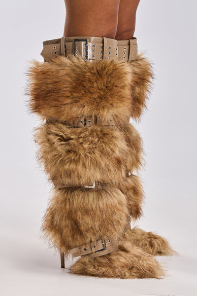 AZALEA WANG AMALBERT BROWN MULTI FUR AND BUCKLES BOOT – AKIRA