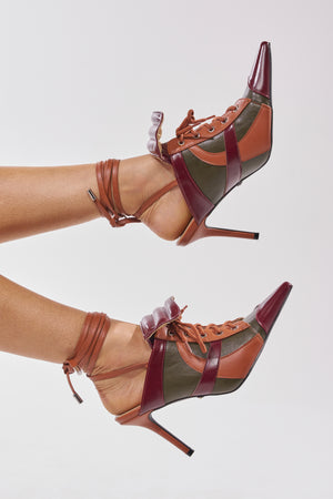 AZALEA WANG AMBRE OLIVE COLORBLOCK MULTI MULE LACE UP STILETTO