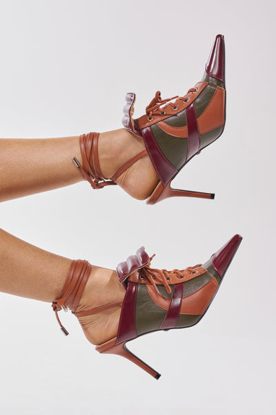靴 amerivintage OVAL MOTIF VOLUME MULE AZALEA WANG AMBRE OLIVE COLORBLOCK MULTI MULE LACE UP STILETTO