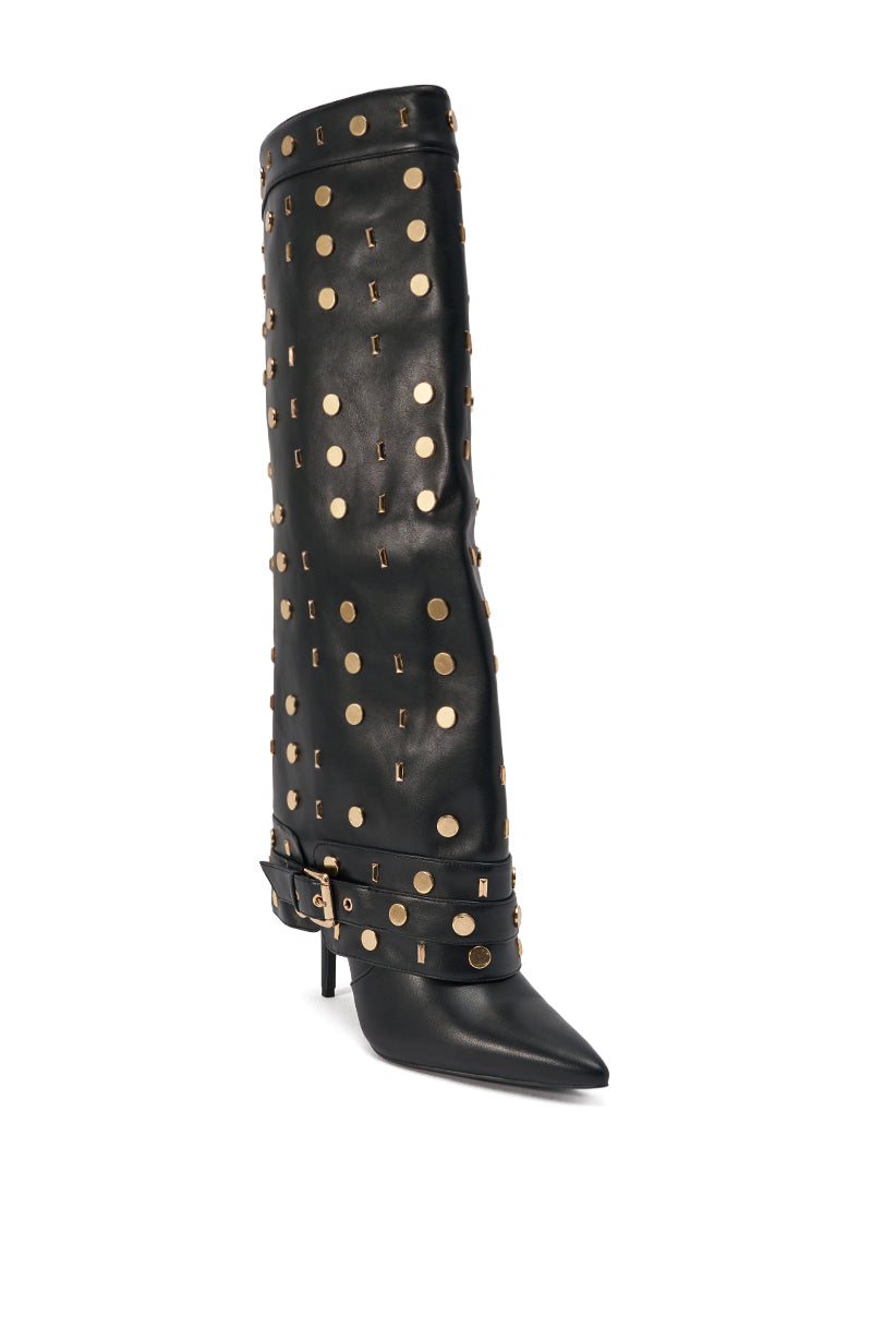 The AZALEA WANG ANISSA Black Multi Gold Hardware Stiletto Boot features faux leather, knee-high design, gold circular studs, a pointed toe, and a decorative buckle strap at the ankle.