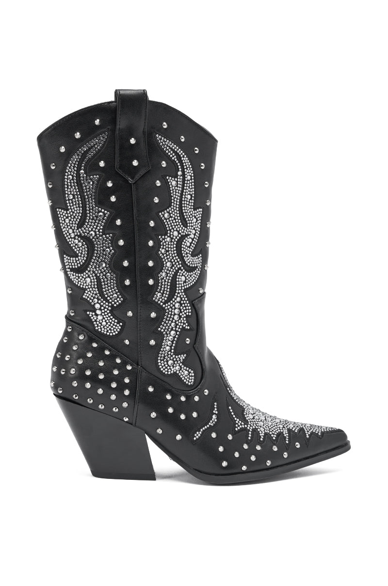 The AZALEA WANG ANKUS BLACK WESTERN RHINESTONE BOOT features faux leather, a mid-height angled heel, and is adorned with silver studs plus intricate rhinestone patterns on the shaft, foot, and heel.