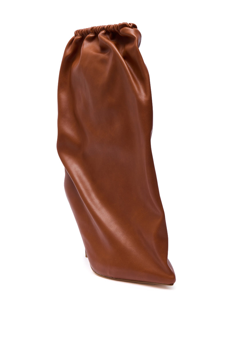 The AZALEA WANG ANNEKE Tan Ruched Topline Stiletto Bootie stands upright against a white background, showcasing its pointed toe, slouchy upper, and stylish ruched topline.