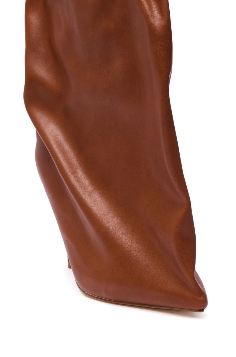 Close-up of the AZALEA WANG ANNEKE Tan Ruched Topline Stiletto Bootie, featuring brown faux leather, a pointed toe, and a softly ruched topline with a slightly wrinkled texture against a white background.