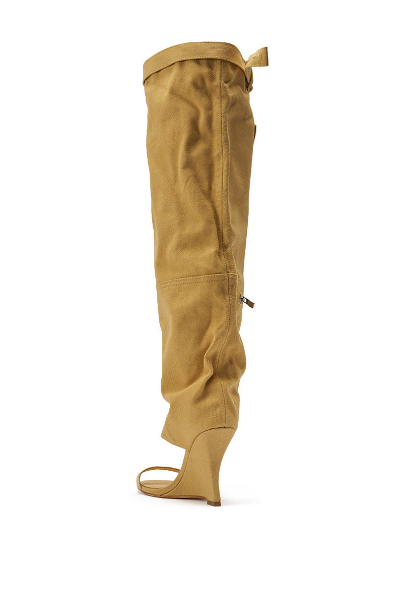 The AZALEA WANG ANOUK KHAKI SPORT WEDGE BOOT is a single tan, thigh-high wedge boot with an open toe and side zipper, shown from the side on a white background. 5