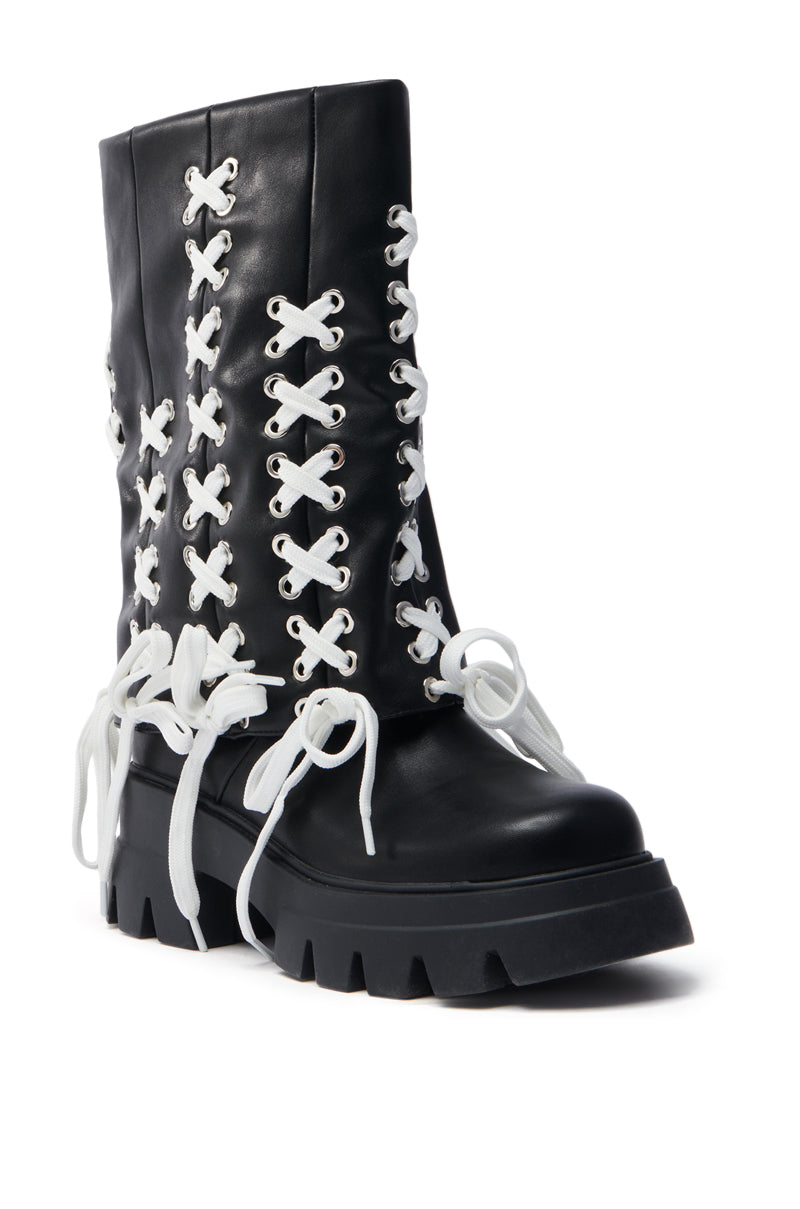 Introducing the AZALEA WANG ANSELM BLACK LACE TIE BOOTIE, featuring faux leather, chunky platform soles, and intricate white lacing. X-shaped side laces end in large bows for an edgy, fashion-forward design perfect for any bold ensemble.