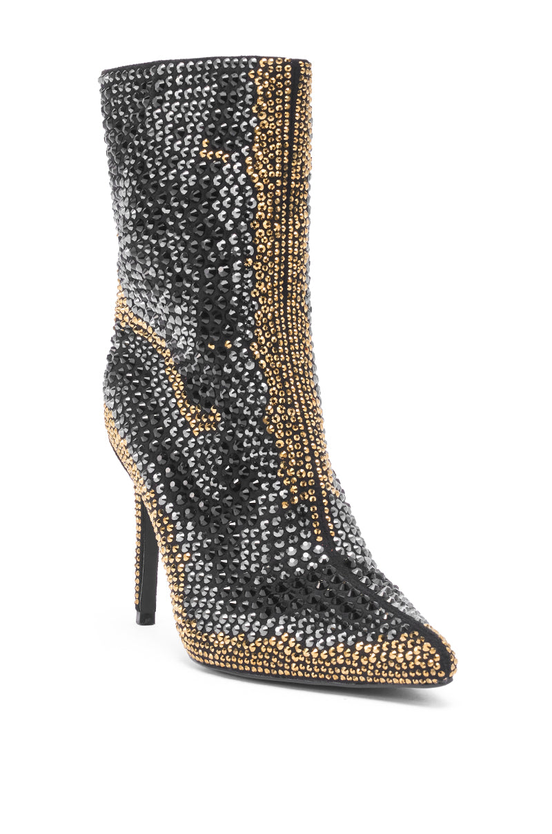 The AZALEA WANG ANSLEY BLACK MULTI RHINESTONE COCKTAIL BOOTIE features black, silver, and gold rhinestones in bold patterns, a slim stiletto heel, and an inner side zipper.
