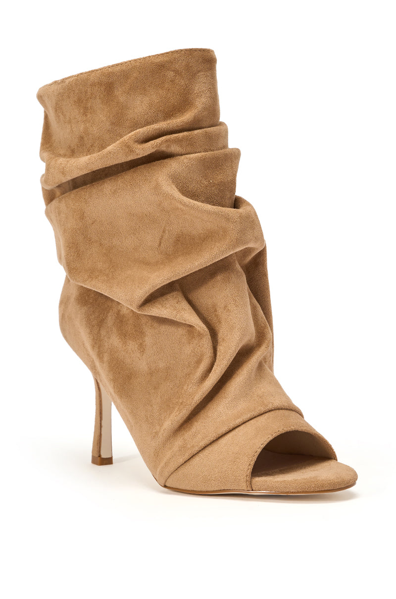The AZALEA WANG APEX Light Brown Faux Suede Open Toe Bootie features a slouchy, ruched design and chic stiletto heel for a stylish statement look. 5