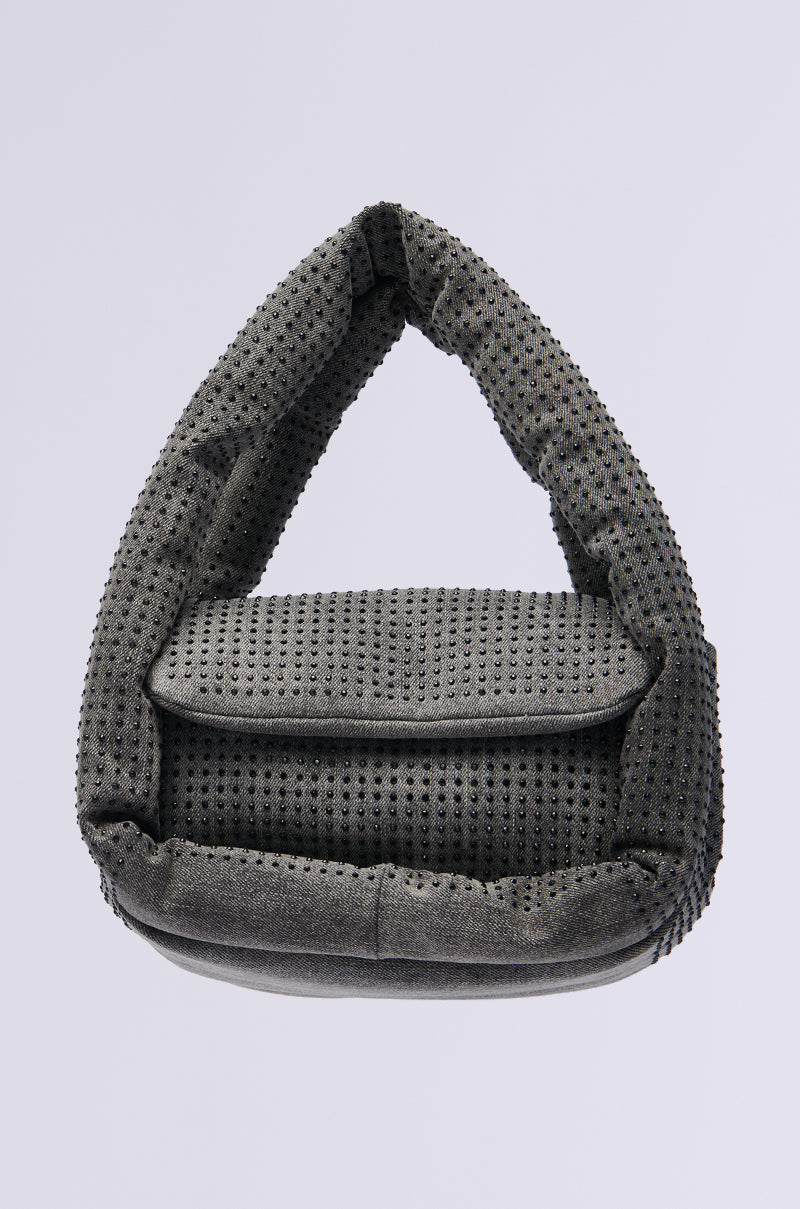 The HOUDINI RHINESTONE PUFFER PURSE is pictured against a light gray background. This trendy dark gray hobo bag has a textured surface, wide strap, large outer pocket with flap, and features a removable strap for versatile wear.