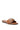 The AKIRA ARCADIANA BROWN EMBELLISHED RHINESTONE SANDAL features a flat sole, open square toe, and a wide faux leather strap adorned with silver and clear gemstones in a sparkling pattern.