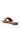The AKIRA ARCADIANA brown sandal, made from faux leather, features a wide strap with a decorative buckle and rhinestone embellishments. It has an open square toe design, shown from the back against a plain white backdrop.