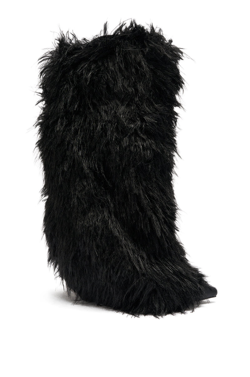 The AZALEA WANG ARETE BLACK FUR STILETO BOOT is a knee-high boot with long, shaggy black faux fur, a pointed toe, and stiletto heel, photographed against a plain white background.